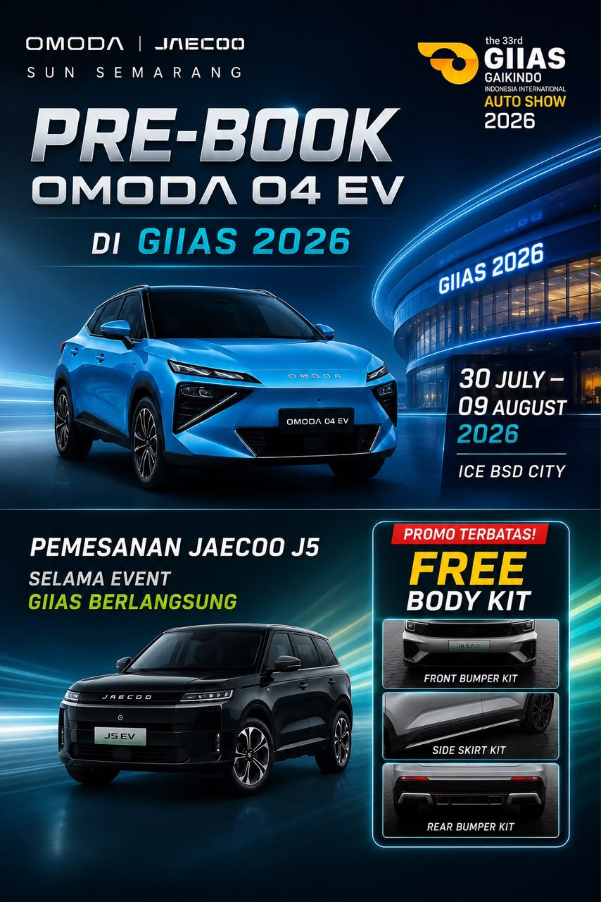 Poster pre-book OMODA 04 EV di GIIAS 2026, 30 Juli sampai 9 Agustus 2026 di ICE BSD City, plus free body kit untuk pemesanan JAECOO J5.